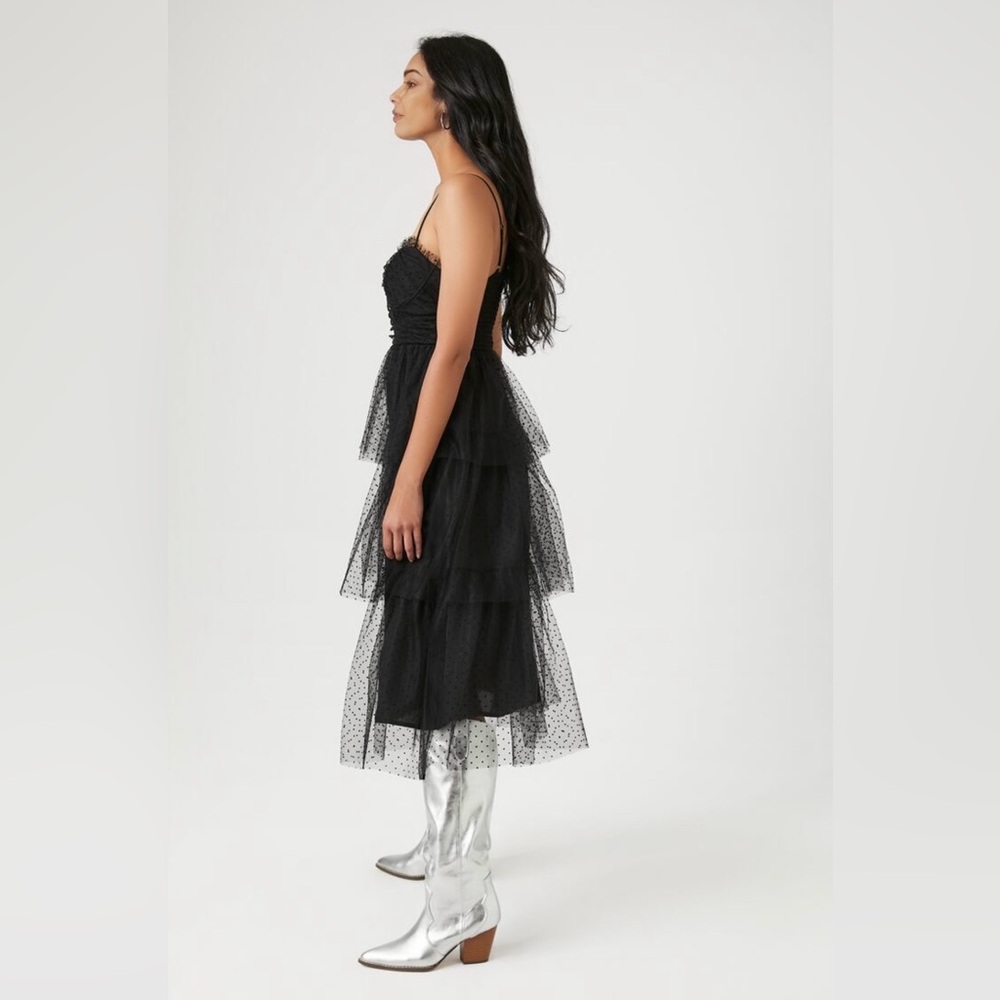 Black mesh midi dress featuring an allover clip-dot pattern - Picture 2 of 5